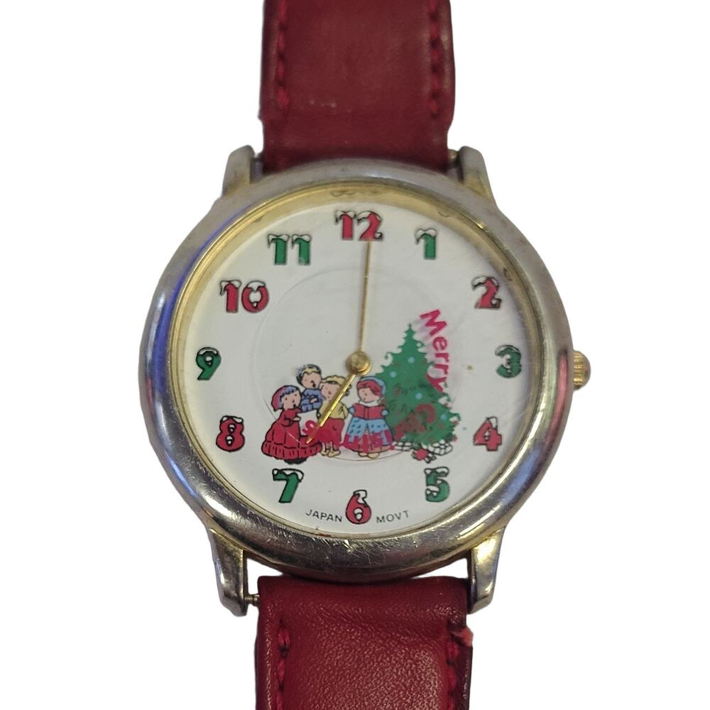 MILAN 138 Christmas Wristwatch Analog Quartz Red Leather Strap VTG NEEDS Battery